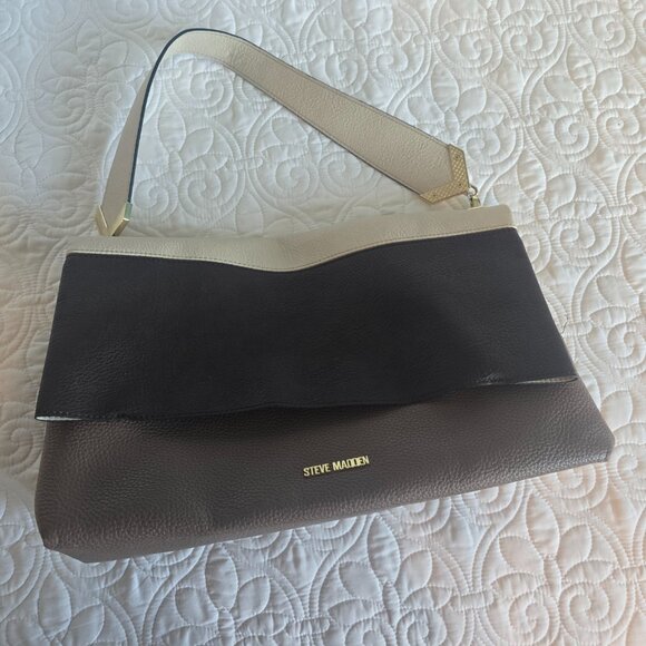 Steve Madden Colorblock Hobo Shoulder Bag Grey Taupe Black Gold Hardware - Picture 8 of 10